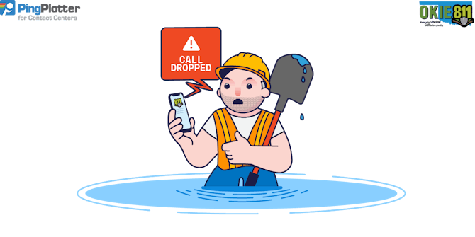 Illustration of an excavation worker standing in a pool of water. Their phone displays the 811 logo and the words 'Call Dropped.'