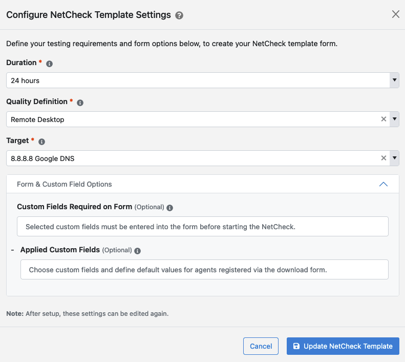 Configure the default values for the NetCheck template.