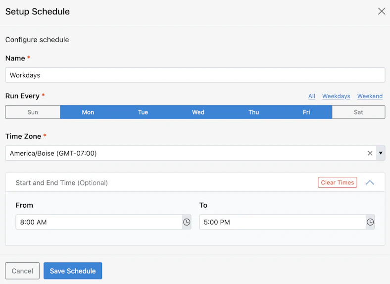 Creating a schedule for weekdays from 8 AM to 5 PM.