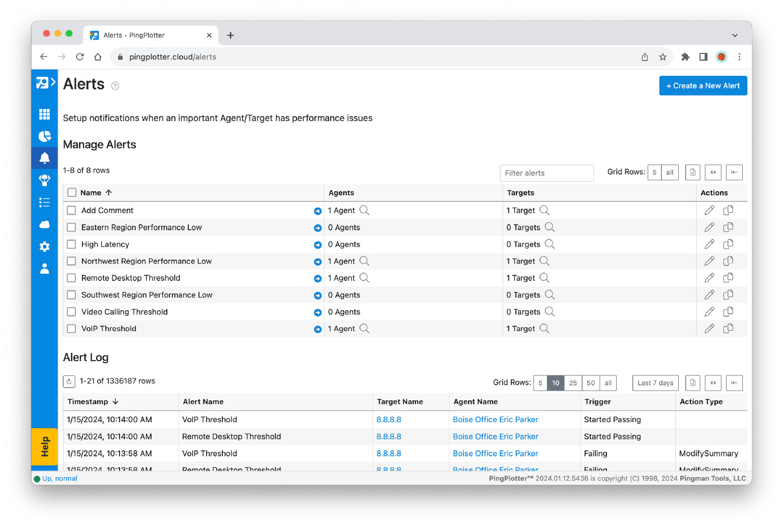 Screenshot of PingPlotter Cloud's updated alerts page