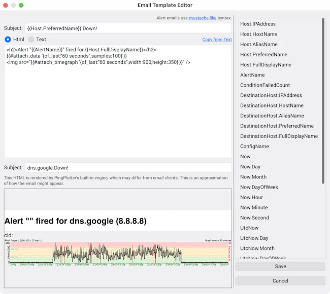 Illustration of PingPlotter's Mail Template Editor