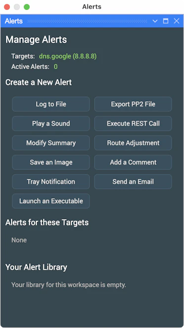 Screenshot of PingPlotter's 'Create a New Alert' menu