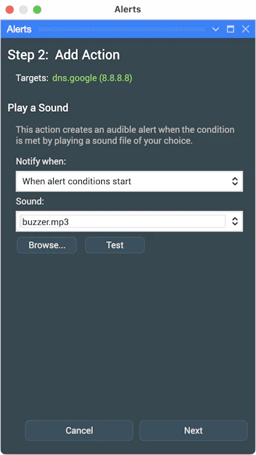 Screenshot of Step 2 in PingPlotter's 'Play a Sound' alert setup