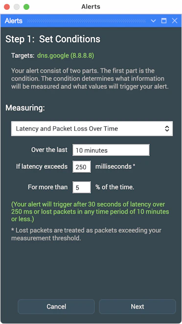 Screenshot of Step 1 in PingPlotter's 'Play a Sound' alert setup