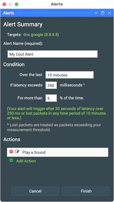 Screenshot of Step 3 in PingPlotter's 'Play a Sound' alert setup
