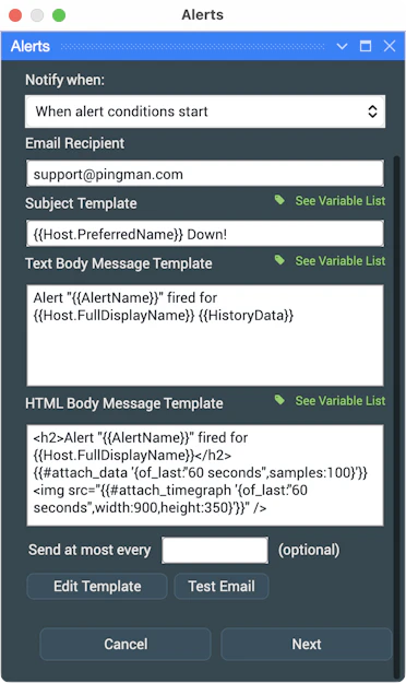 Illustration of PingPlotter's Email Alert message template settings