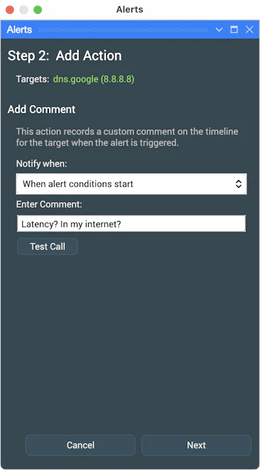 Illustration of PingPlotter's 'Add a Comment Alert' settings