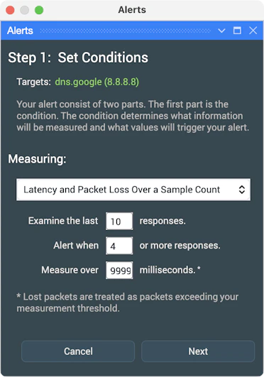 Screenshot of PingPlotter's Email Alert setup
