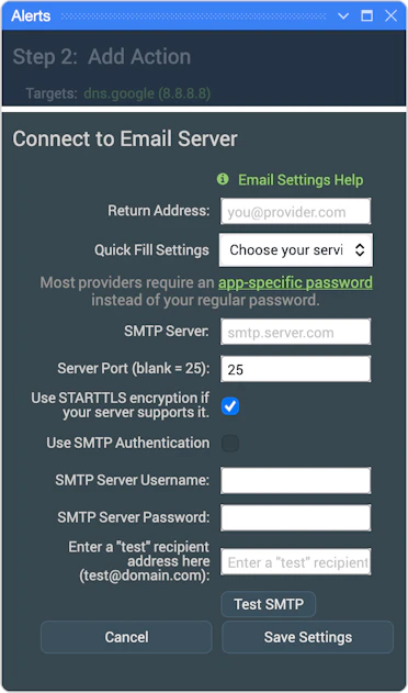Screenshot of PingPlotter's Email Alert setup