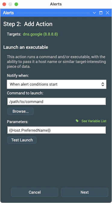 Illustration of PingPlotter's Launch Executable Alert settings
