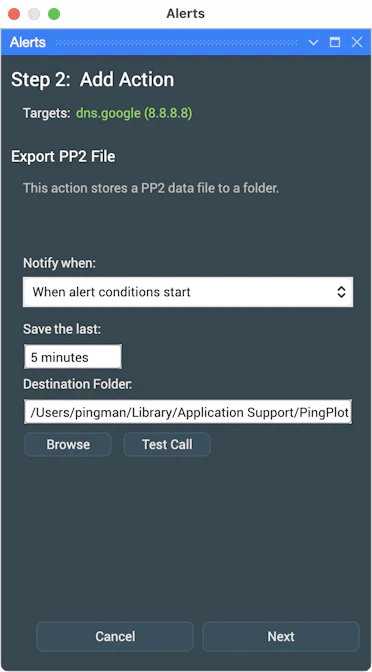 Illustration of PingPlotter's Export PP2 File Alert settings