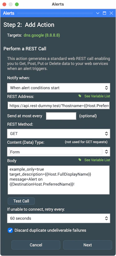 Illustration of PingPlotter's Execute REST Call Alert settings