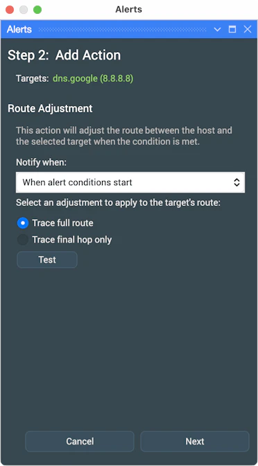 Illustration of PingPlotter's 'Route Adjustment' Alert settings