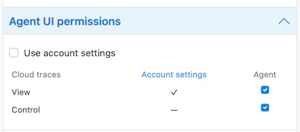 The Agent UI permissions section in PingPlotter Cloud, with View and Control checkboxes for Cloud traces