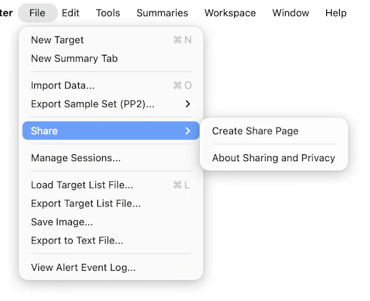 Screenshot of using the File menu to Create a Share Page