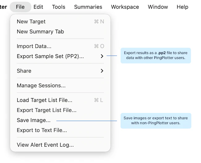 Screenshot of PingPlotter's File menu