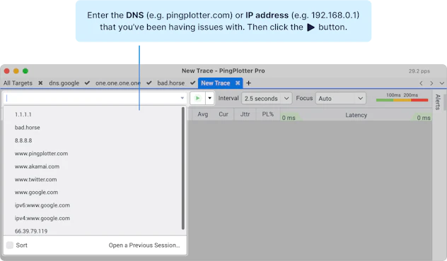 Screenshot of PingPlotter's target select menu