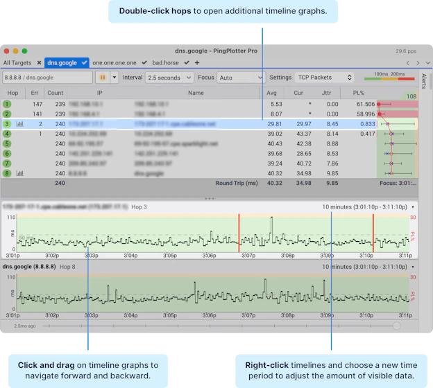 Screenshot of PingPlotter's timeline graph
