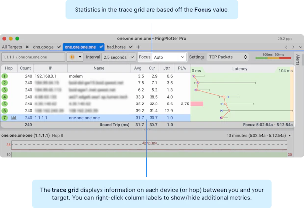 Screenshot of PingPlotter's trace grid