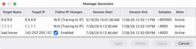 Illustration of PingPlotter's Session browser