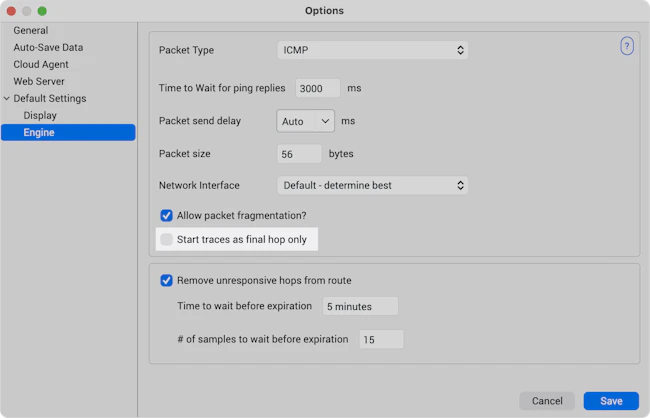 Illustration of PingPlotter's Engine Settings