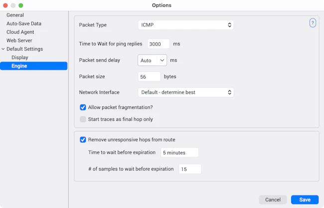 Illustration of PingPlotter's Engine Settings