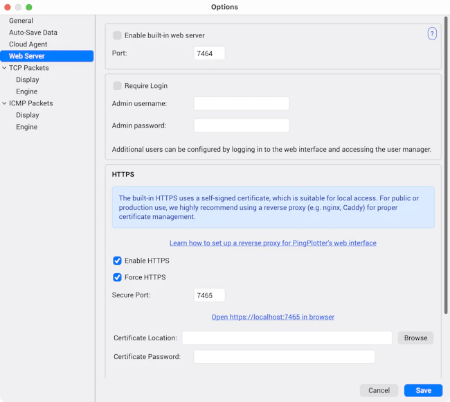 Illustration of PingPlotter's Web Server Options