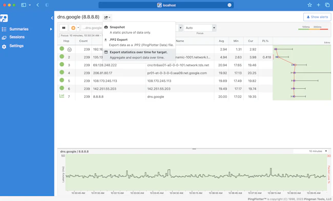 Screenshot of PingPlotter's Web UI Share Button with 'Export Statistics Over Time' selected