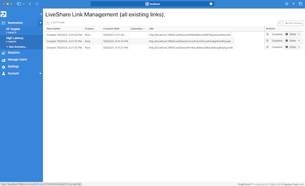 Screenshot of PingPlotter Web UI LiveShare