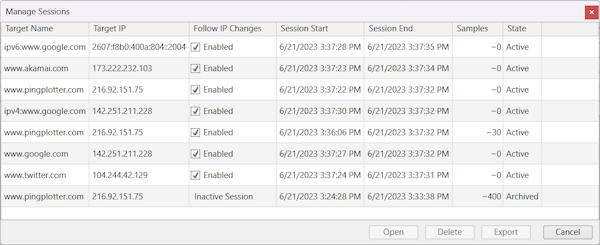 Screenshot of PingPlotter Session Manager